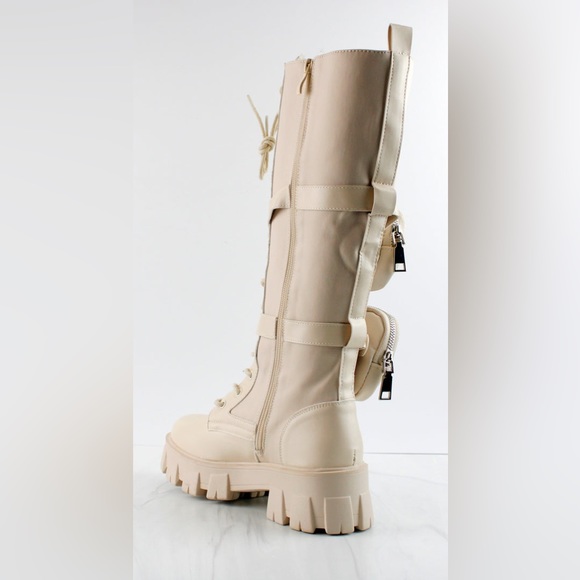 Beige High Double Pouch Combat Boots - Picture 3 of 3
